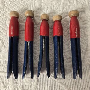 5 Vintage Wooden Clothes Pins Painted Red Blue Retro
